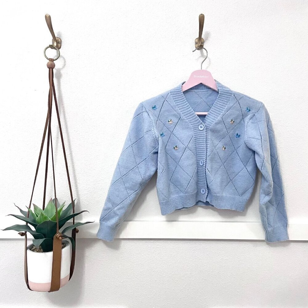 Vintage Kids Cropped Blue Cardigan with Embroidered Flowers Size 10-12